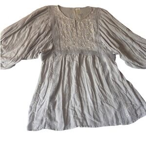 Forgotten Grace Blouse Womens Small Gray Embroidered Crochet Swiss Dot Boho Top